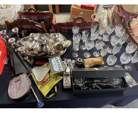 A quantity of assorted items to include silver plate, early 20th century parasol, boxed Royal Doulton decanter and stopper, s