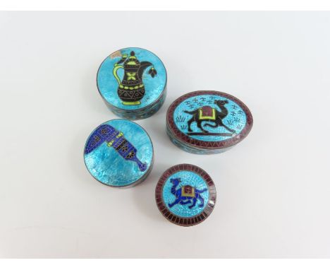 Four white metal and enamel pill boxes, each marked "Oman, 925", 117 grams gross weight 