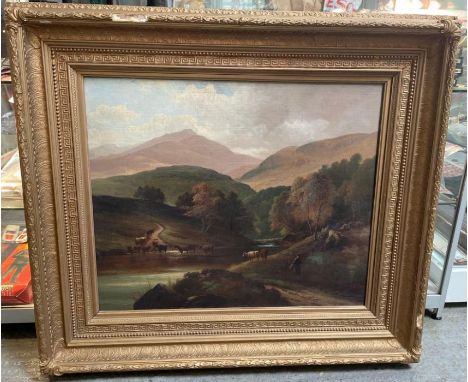 J R Mason (?) late 19th century - an oil on canvas cattle at a river in a mountainous landscape, signed, inscribed in pencil 