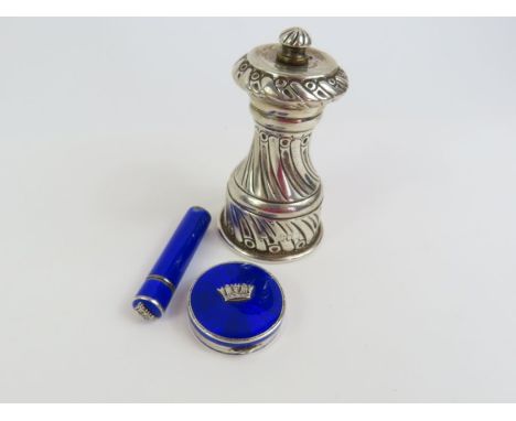 A silver and enamel circular compact and matching lipstick holder, import marks for London 1927, along with Victorian pepper 