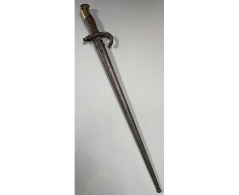 A French gras bayonet the back of the blade inscribed “L Deny Paris 1879” having wood grip and with metal scabbard, blade 52c