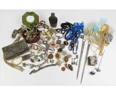 A quantity of costume jewellery; beads; simulated pearls; a hat pin; a hip flask and a pair of electroplated meat skewers 