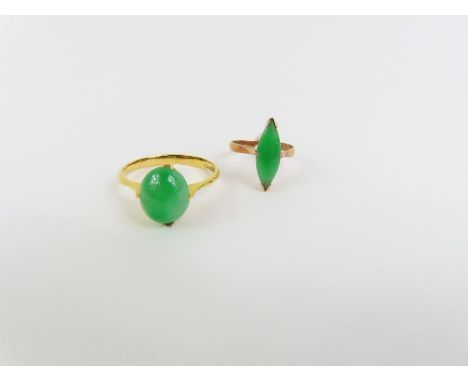 A jade single stone ring, the shank marked '18k' and with Chinese control marks, finger size N; together with a child's jade 