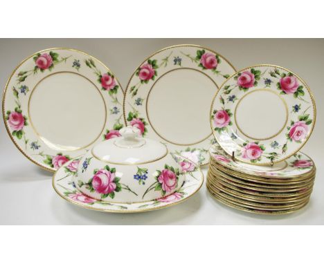 An English ceramic muffin dish by Collingwoods Brothers, Longton, twelve side plates and two sandwich plates, hand painted ca