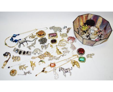 Costume jewellery - various brooches including enamel, stone set and marcasite examples; necklaces etc. 