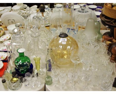 Decorative glass &amp; glassware including a large crackle ribbed glass bauble; a cut glass decanter; other decanters; a 1950