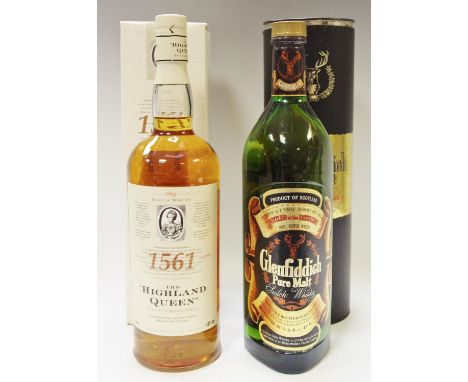 Glenfiddich Pure Malt Scotch whisky, 86% US Proof, 8 years old 100cl in carton; The Highland Queen finest old scotch whisky. 