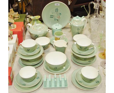 Poole Pottery Leaping Deer tea for six including six teapot, sugar, milk, teacups and saucers, two cake plates, a coffee pot;