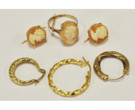 A 9ct gold cameo ring, size L, 2.4g gross; a pair of 9ct gold cameo earrings 2.1g gross; single 9ct gold earrings 1.6g 