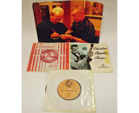 Records 45rpm Great balls of Fire, WolfJ, Flywheel, sleeve signed by group; rock around the clock, Bill Hayley and his comets