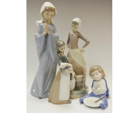 A Nao figure, child seated with bowl between his legs; others at prayer; Lladro farm girl, etc (4) 