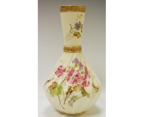 A Royal Worcester blush ivory vase, twisted bulbous body decorated with pink flowers, tapering outswept neck, 27cm high 