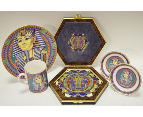 A James Peters of Honiton 37 piece ceramic hexagonal tile puzzle in fitted case; Royal Worcester 70th anniversary of the disc
