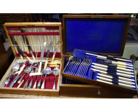 An early 20th century Walker and Hall oak cased canteen, EPNS flatware including soup ladle, spoons, forks, etc; another, lat