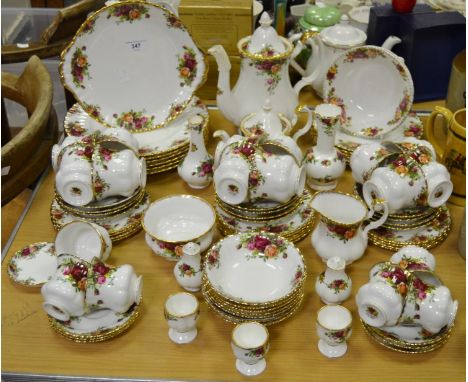 Royal Albert Country Roses - tea and coffee ware including teapot, cups, saucers, cake plate, side plates, milk,sugar, salt a
