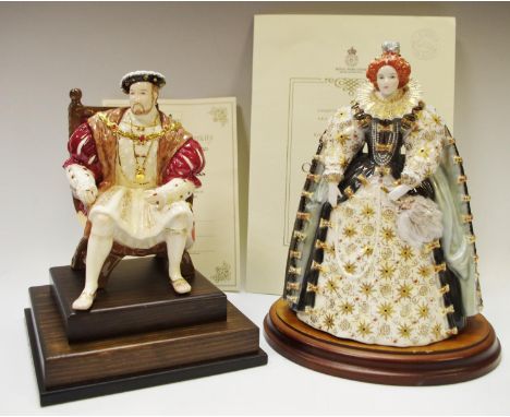 A Wedgwood figure of Henry VIII, limited edition 1720 of 4,500, plinth base certificate; A Royal Worcester figure of Queen El