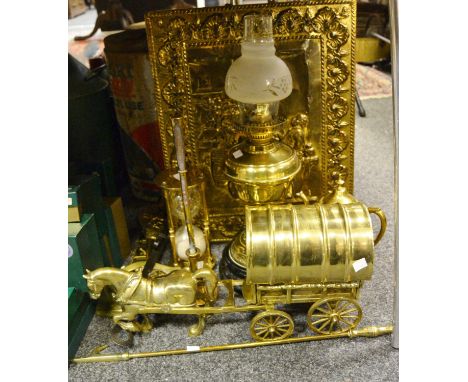 Brass - a Victorian brass oil lamp, duplex burner; a brass horse and cart; a brass egg timer; brass standish; coffee pot; che