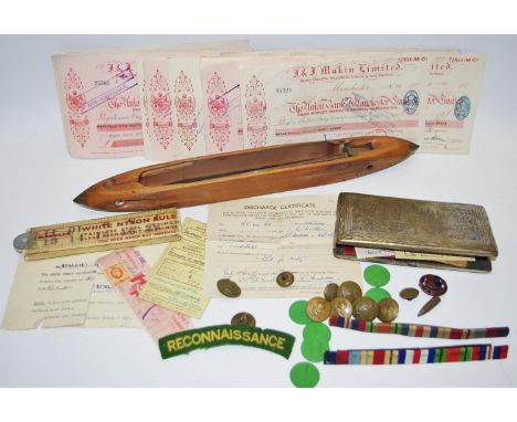 Militaria and ephemera - Reconnaissance badge; buttons' military discharge paper; BP fuels first trip on the Hovercoach 'The 