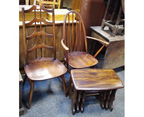 An Ercol spindle back open arm chair; another ladder back with shaped plats; a nest of three tables (3) 