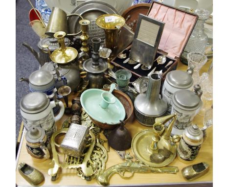 Horse brasses; chamber stick; trivet; copper salver; pewter teapot; plated flatware; tankards etc. 