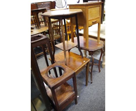 An Edwardian mahogany octagonal occasional table; a George III wash stand; a plant stand; two occasional tables; a tile back 