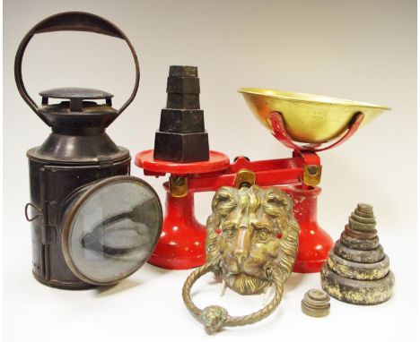 An original BR(SC) railway lantern with blue glass liner; a heavy gauge lion mask door knocker, kitchen weighing scales and w