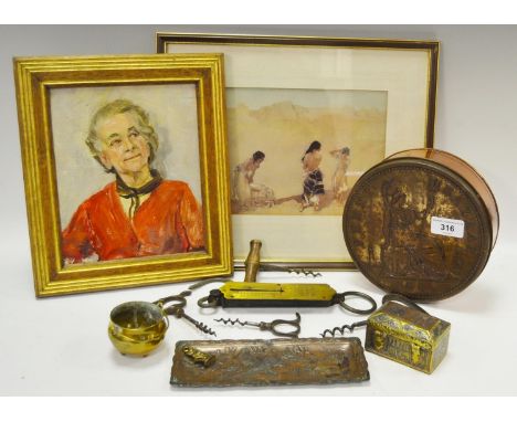 An aesthetic movement dressing tray; silver inlaid Indian casket; etc; oil portrait of a lady, etc 