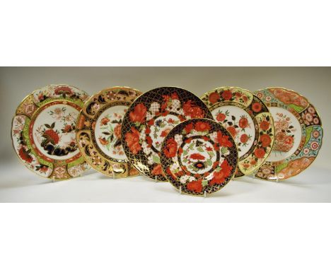 Five Royal Crown Derby 22cm plates including Peony, Golden Peony, Regency Flowers, Derby Pink Camellias &amp; Antique Chrysan