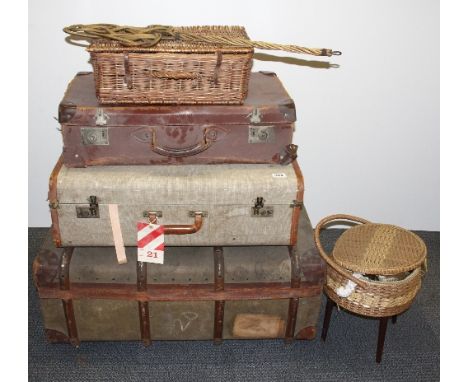 2 vintage suitcases, a wooden bound canvas cabin trunk and a cane carpet beater etc