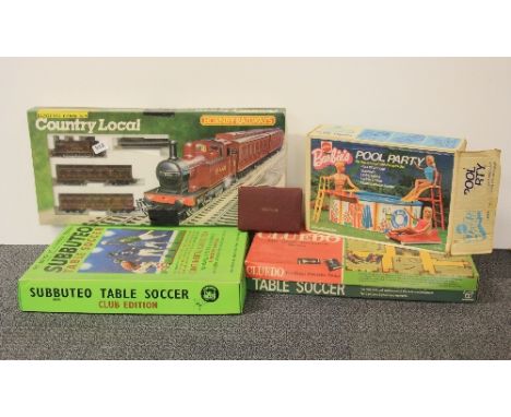 A Mattel boxed "Barbie's pool party", a Hornby railway set, Subbuteo etc
