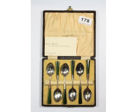 A cased set of sterling silver and New Zealand green stone (Jade) handled coffee spoons from Dunedin, New Zealand, prov. Arch