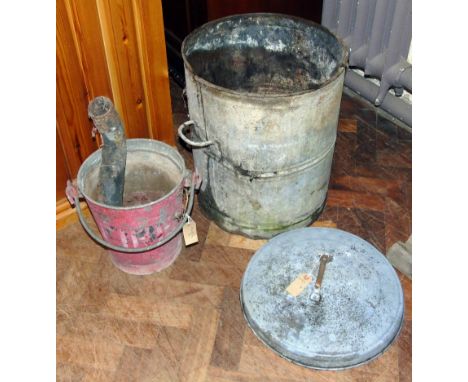 Red painted galvanised fire bucket, cast iron rain hopper and lidded galvanised binCondition report: 40 Condition reports are