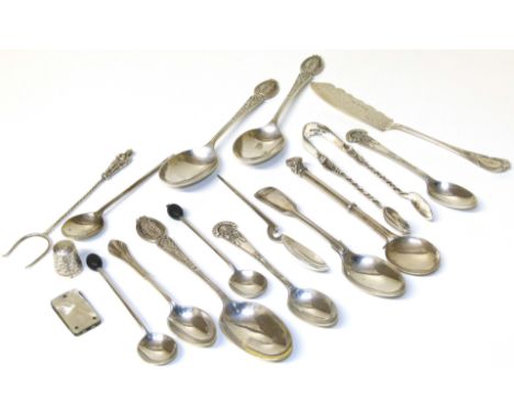 Five Rifle Club silver teaspoons together with assorted silver spoons, sugar tongs, pickle fork, thimble etc Condition report