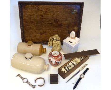 Oak tray inset with 12th May 1937 coronation coin, copper snuff box engraved W.G.J Andrews, curry mallet, case of 66 dominoes