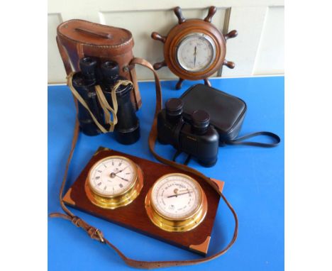 A pair of graticules Bino Prism No.5 binoculars in case, a pair of Miranda (8 x 32) binoculars, Ancroid ships wheel biometric