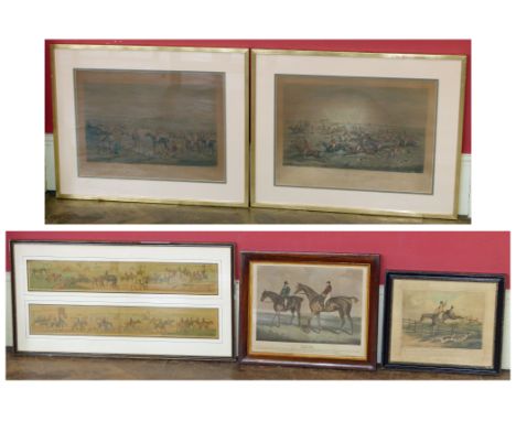 Two framed Quorn hunt prints "The Meet" and "Tally Ho", framed double hunting prints "Death and the Doctors" Rose wood framed
