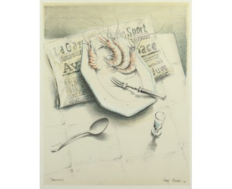 ESCHER, Rolf, "Hummerteller", Original-Lithografie, handkoloriert, 54 x 44, Probedruck, handsigniert und datiert '88. R. 