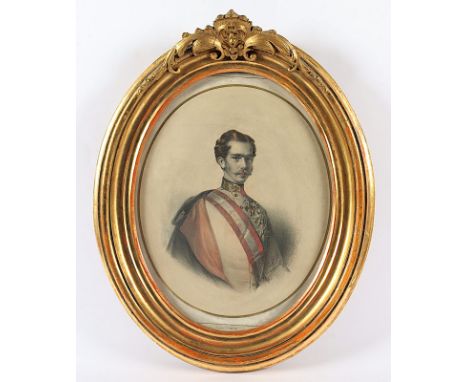 BILDERRAHMEN, Holz, Goldstuck, Falzmaß 33 x 25, 2.H.19.Jh. mit Portrait Kaiser Franz Joseph (Lithografie)