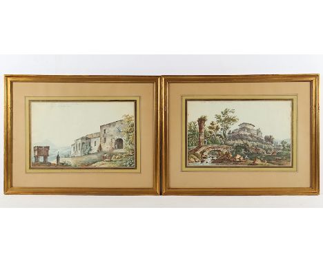 "GRAND-TOUR-ZEICHNER" UM 1800, zwei Ansichten, "Petrarcas Haus und Grab in Arquà" sowie "Castello di Gorizia", Aquarell/Papie
