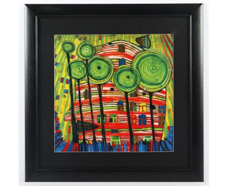 HUNDERTWASSER, Friedensreich, "Dingsdas wachsen in geliebten Gärten", Farboffset, 40 x 40, R. 