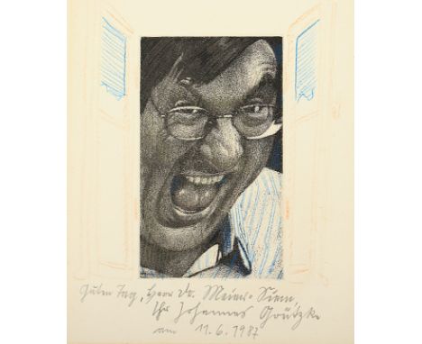 GRÜTZKE, Johannes (1937-2017), "Selbst", Radierung und Farbstift, 13 x 7, handsigniert, 1980, Widmung, läs., R. 