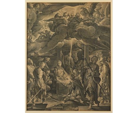 MULLER, Jan Harmensz (1571-1628), "Die Anbetung der Hirten", nach Bartholomäus Spranger, Kupferstich, 53 x 41, R. 