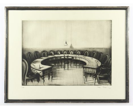 ESCHER, Rolf, "Versammlungsraum", Original-Radierung, 42 x 59, nummeriert I/XX, handsigniert und datiert '84/85, R. 