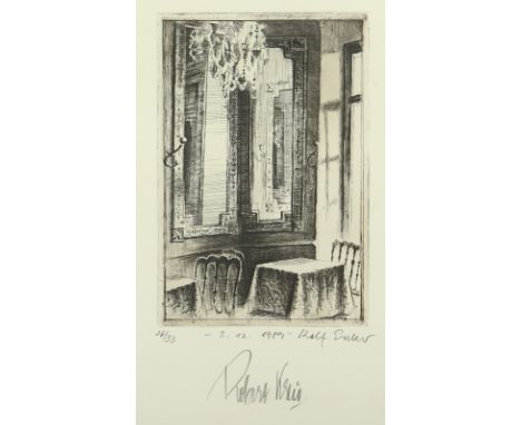 ESCHER, Rolf, "Café-Tische im Licht", Original-Radierung, 18 x 12, nummeriert, handsigniert und von Robert Kreis signiert, R.