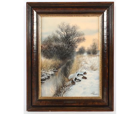 RÖMER, Oswald (1938-1998), "Stockenten am winterlichen Bachlauf", Öl/Lwd., 40 x 29, auf Holz aufgezogen, unten rechts signier
