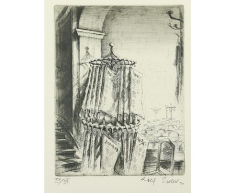 ESCHER, Rolf, "Zeitungsständer im Café Tomaselli in Salzburg", Original-Radierung, 21 x 16, nummeriert, handsigniert und dati