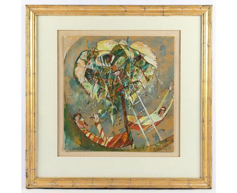 KASTENHOLZ, Bernd, "Blattbaumpaar", Mischtechnik/Karton, 49 x 45, betitelt, handsigniert und datiert '87, R. 