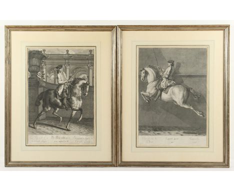 RIDINGER, Johann Elias, "Trab - Capriole", zwei Reiter-Stiche, 47 x 37, aus "Die große Reitschule", 18.Jh., R. 