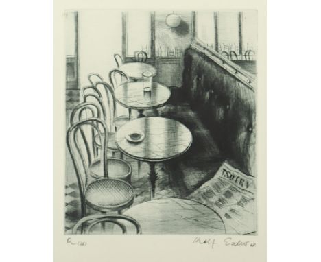 ESCHER, Rolf, "Café-Tische im Licht", Original-Radierung, 20,5 x 17, handsigniert, R. 
