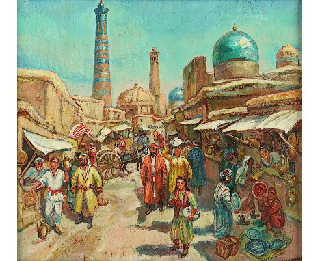MALER 2.H.20.JH., "Ansicht aus Buxoro/Buchara in Usbekistan", Öl/Lwd., 47,5 x 53, besch., unten rechts kyrillisch signiert, R